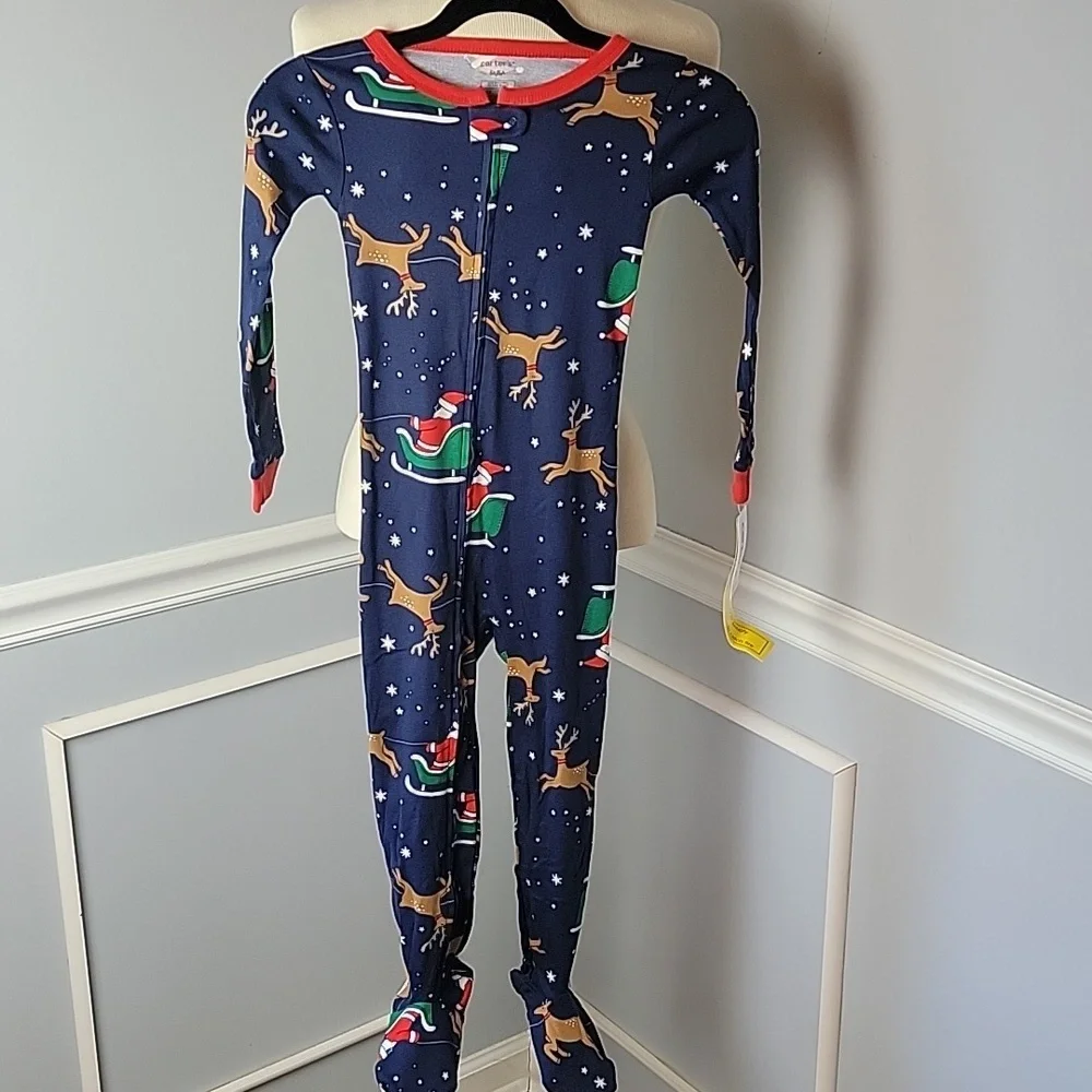 CARTER'S Santa Reindeer Christmas Holiday One Piece Full Zip Footed Pajamas NEW